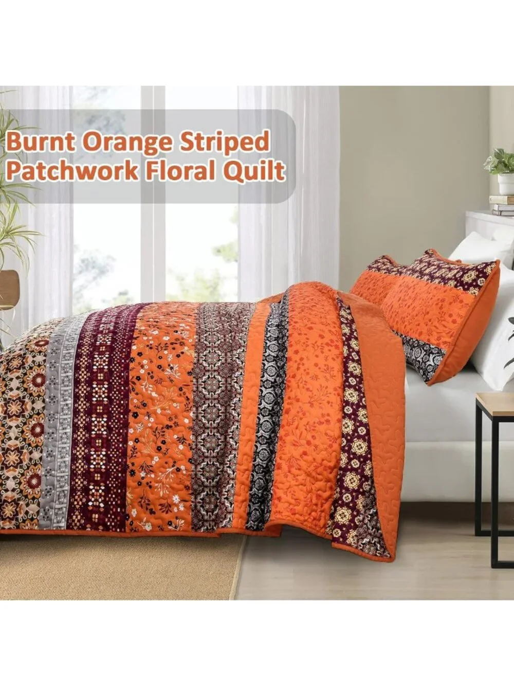 Boho King Quilt Set - 3 Piece Orange Floral Striped Bedspread for Cozy Decor